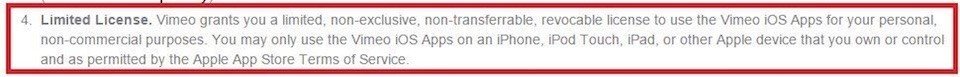 Limited license clause in EULA of Vimeo iOS app