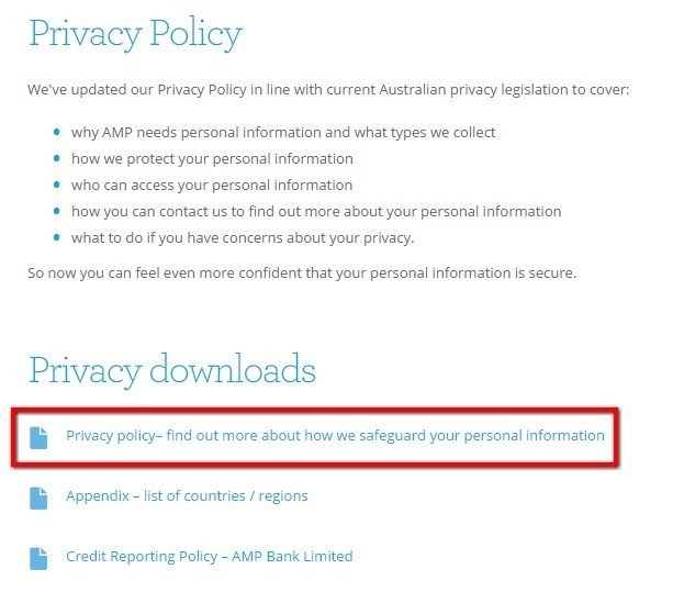 Downloads section in AMP Privacy Policy