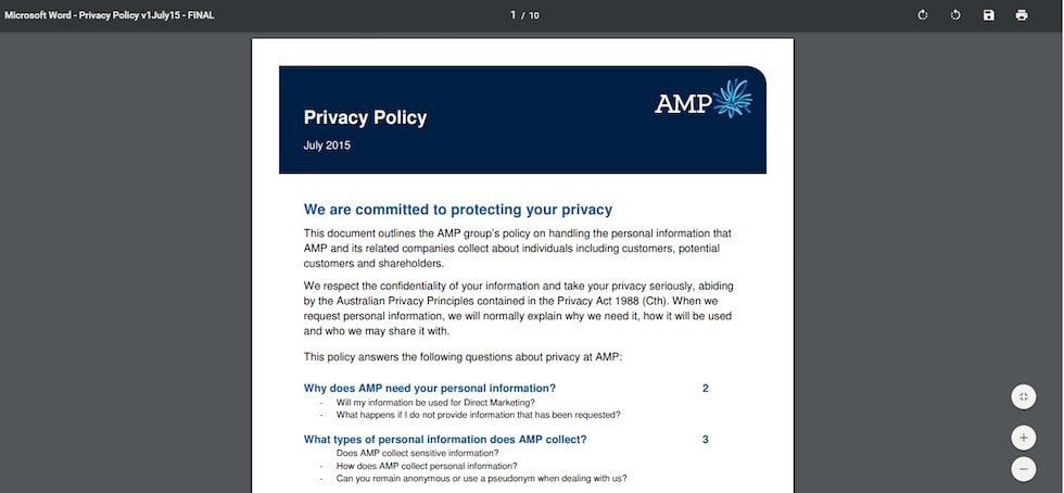 Screenshot of AMP Privacy Policy stored as PDF file