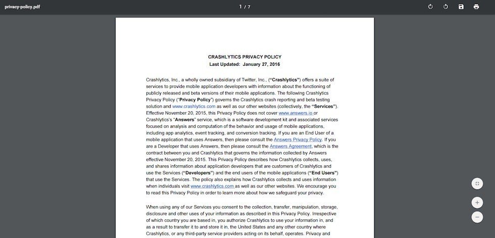 Screenshot of Privacy Policy as PDF from Crashlytics