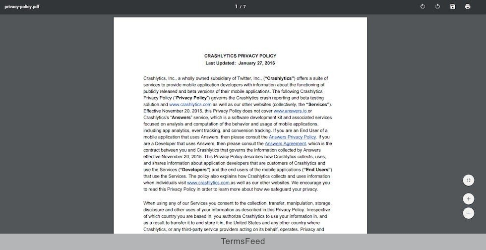 Screenshot of Privacy Policy as PDF from Crashlytics