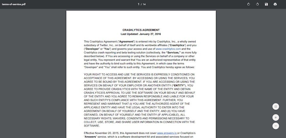 Screenshot of Terms of Service as PDF from Crashlytics