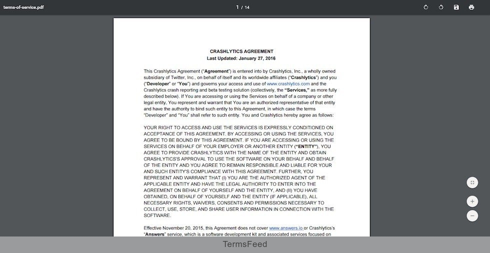 Screenshot of Terms of Service as PDF from Crashlytics