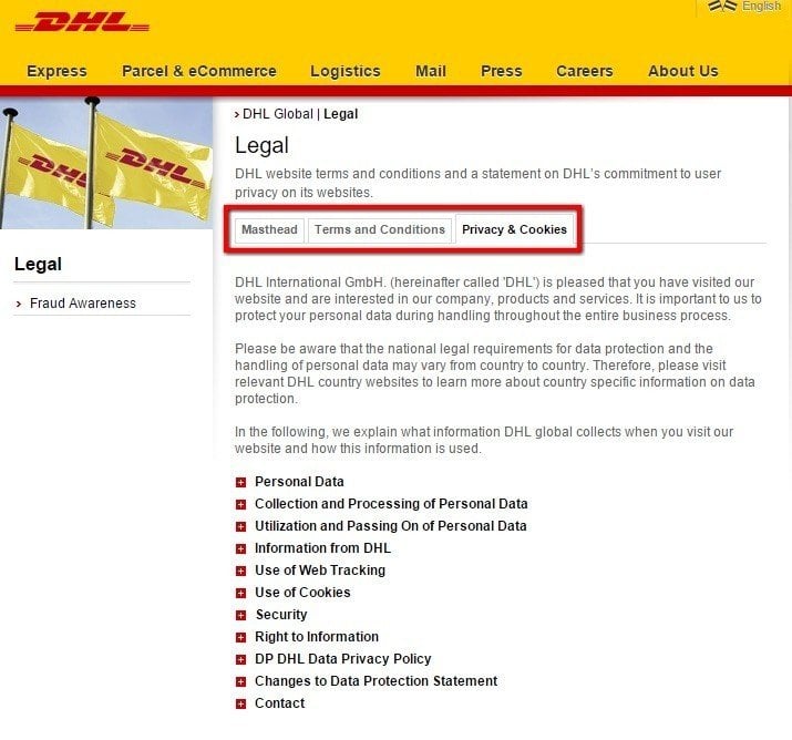 Tab with links to legal agreements from DHL