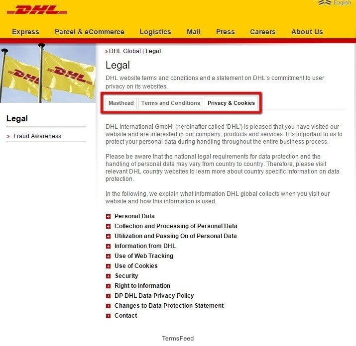 Tab with links to legal agreements from DHL