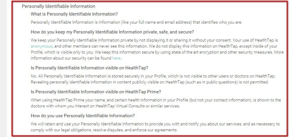 Personally Identifiable Information section in HealthTap