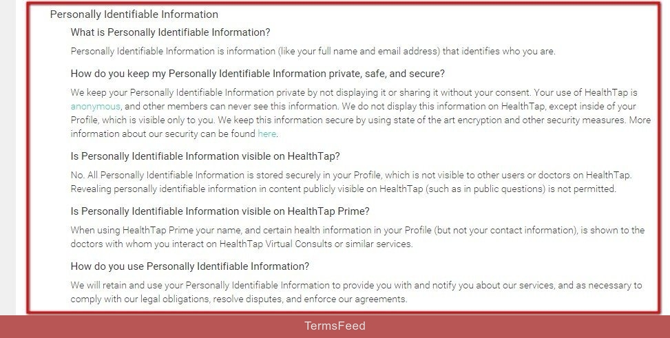 Personally Identifiable Information section in HealthTap