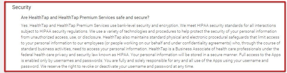 Security clause section in HealthTap Privacy Policy