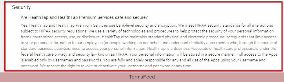Security clause section in HealthTap Privacy Policy