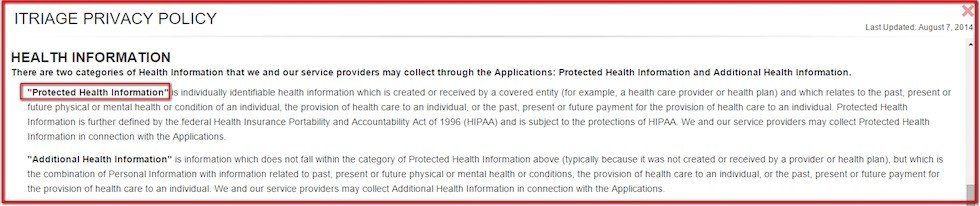 Health Information clause in iTriage Privacy Policy