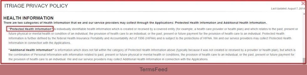 Health Information clause in iTriage Privacy Policy