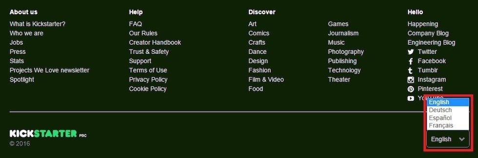 Language select in Kickstarter website footer