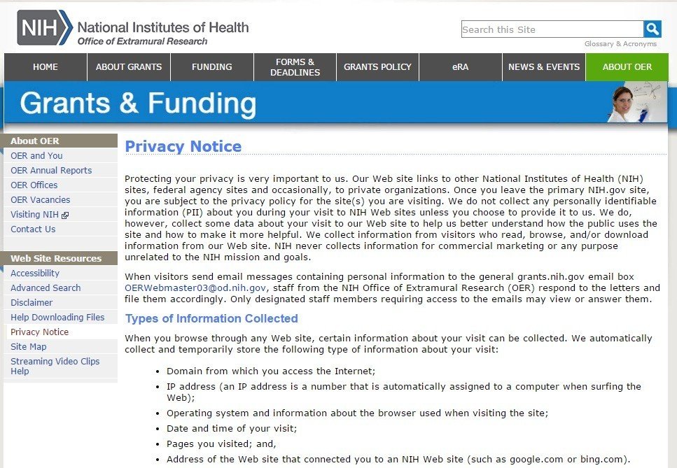 Screenshot of Privacy Notice webpage of NIH
