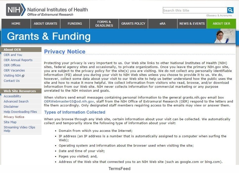 Screenshot of Privacy Notice webpage of NIH