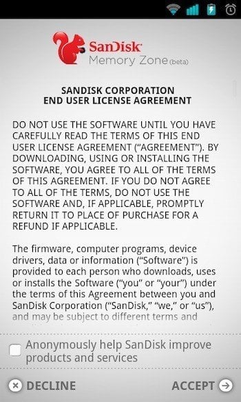 Accept or Decline EULA in SanDisk Android app
