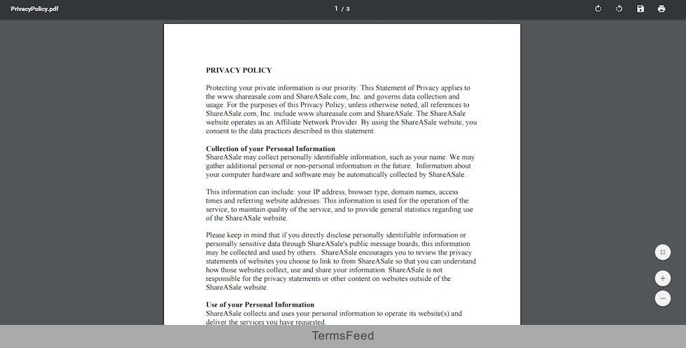 Screenshot of Merchant Privacy Policy as PDF from ShareASale