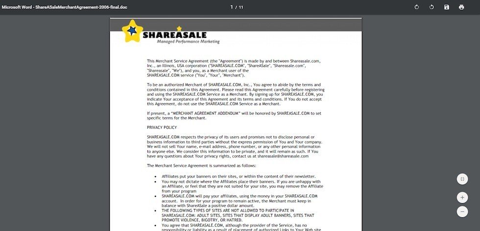 Screenshot of Merchant Terms of Use as PDF from ShareASale