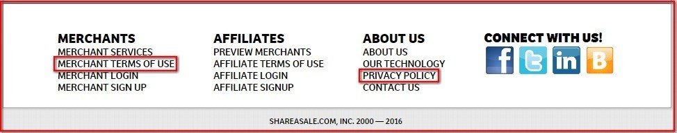 ShareASale Website Footer: Highlight Legal Links