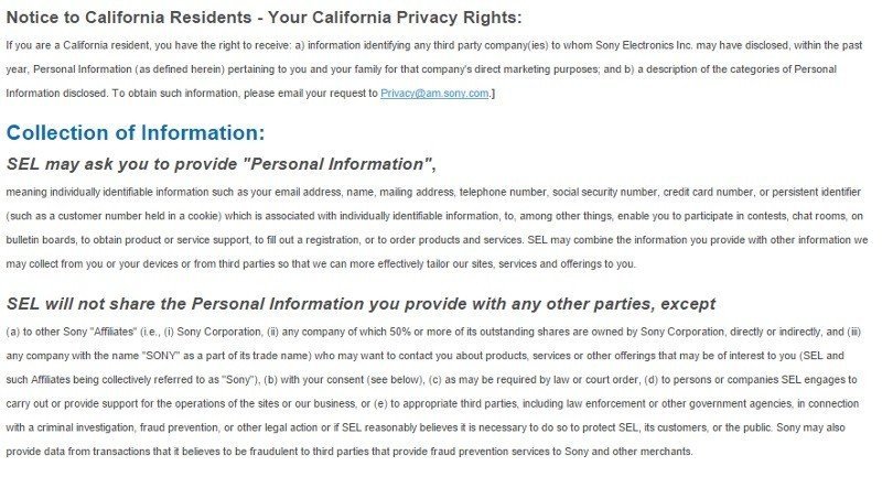 California Privacy Rights Notice from Sony