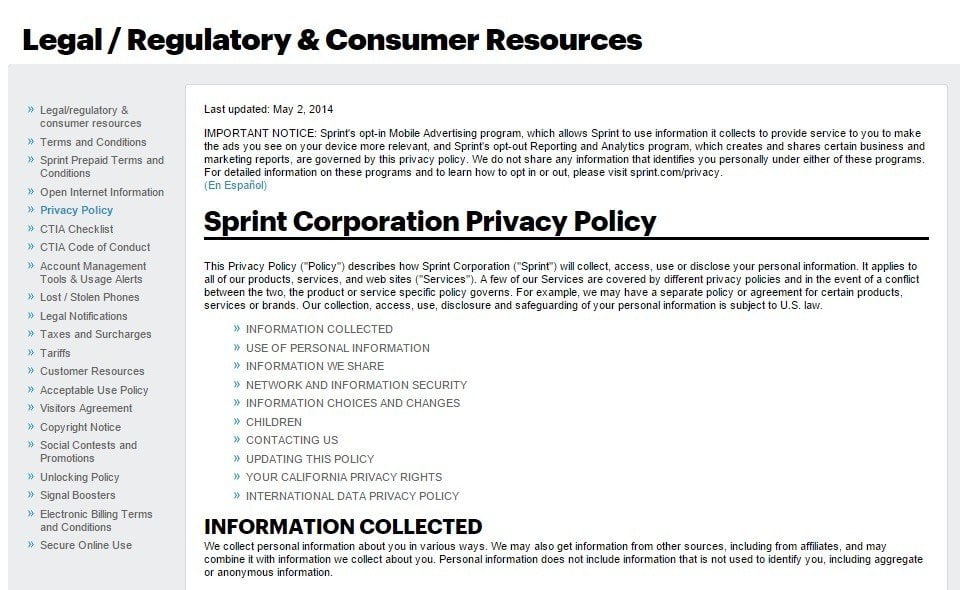 Sprint Corporation: Screenshot of the Privacy Policy page