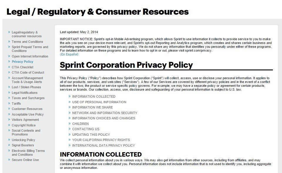 Sprint Corporation: Screenshot of the Privacy Policy page