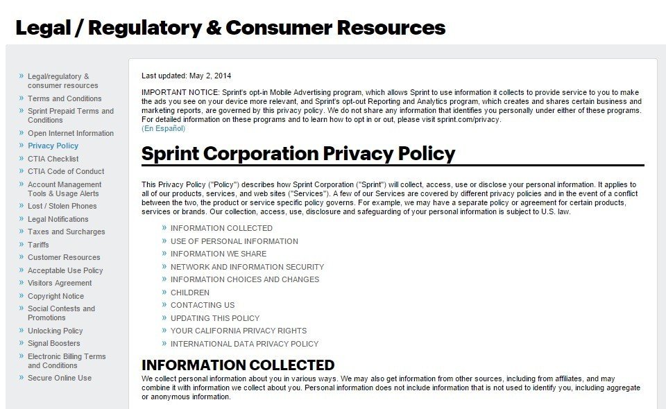 Sprint Corporation: Screenshot of the Privacy Policy page