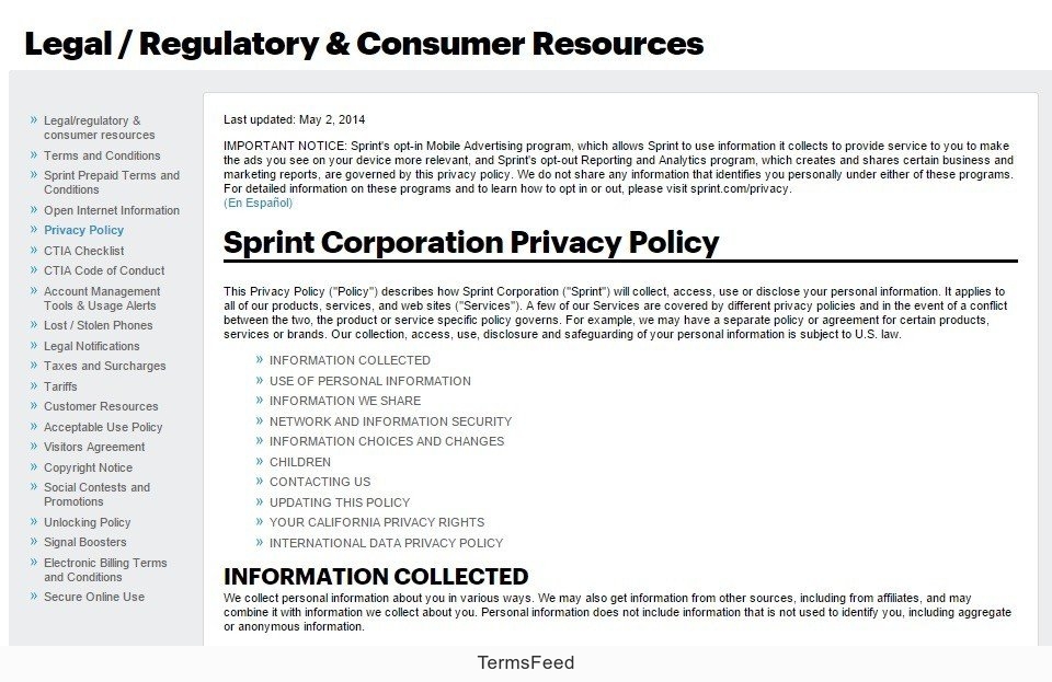 Sprint Corporation: Screenshot of the Privacy Policy page