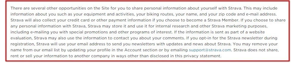 Type of Personal Information Collected by Strava
