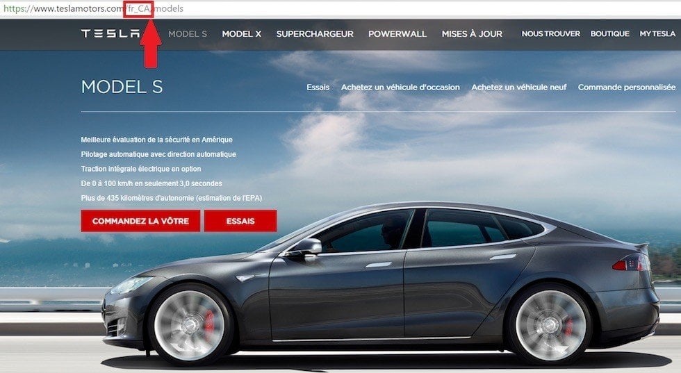 Screenshot of Tesla Motors Canada in French