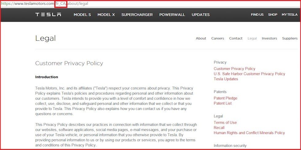 Legal agreements in English on Tesla Motors Canada