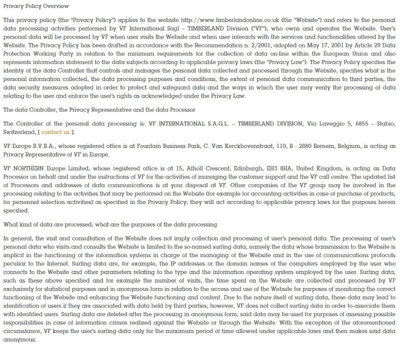 Screenshot from Timberland UK Privacy Policy