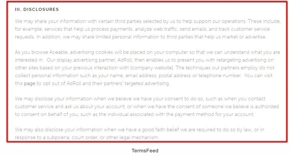 Disclosures section in Aceable Privacy Policy