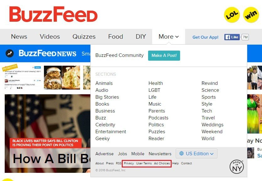 Highlight Privacy and User Terms links on BuzzFeed website