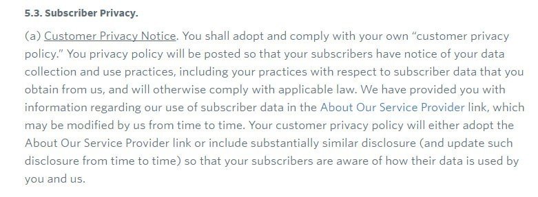 Section Subscriber Privacy from Constant Contact Terms and Conditions of Use