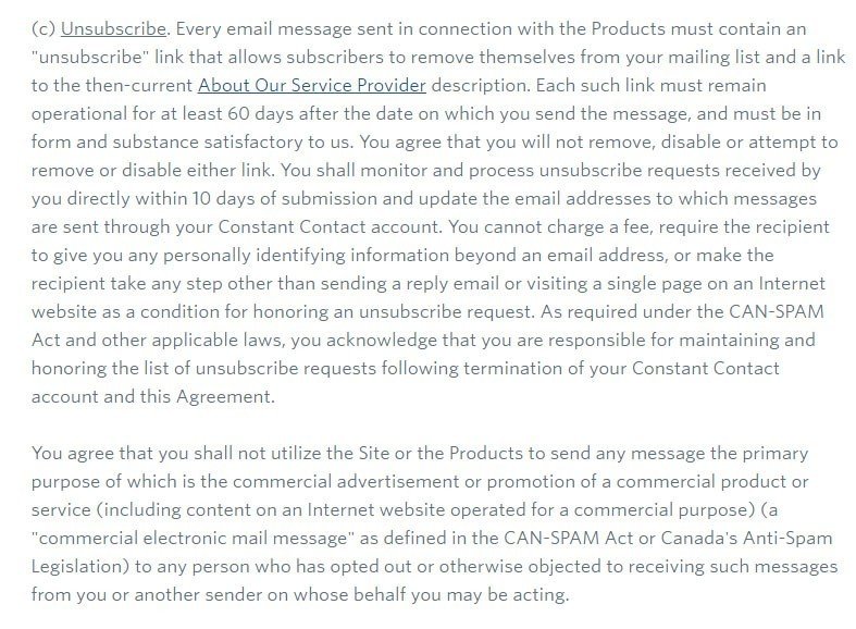 The Unsubscribe section in Constant Contact legal agreement