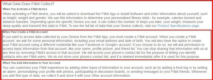 When you create an account with Fitbit: clause in Privacy Policy