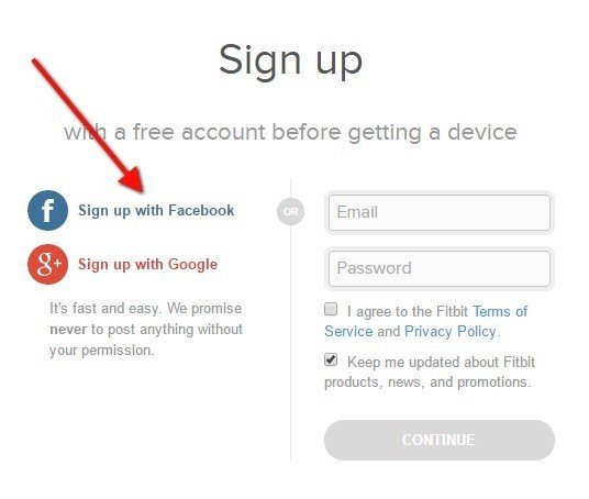 Sign up with Facebook/Google on Fitbit