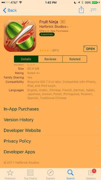 Screenshot of Fruit Ninja iOS app and its links