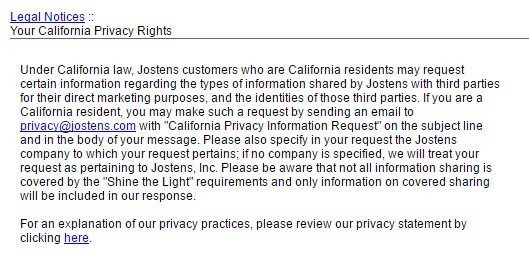 Screenshot of the Your California Privacy Rights page of Jostens