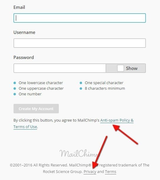 MailChimp and the Create Account form: Point to legal agreements