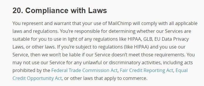 The Section 20, Compliance with Laws, from Terms of Use of MailChimp