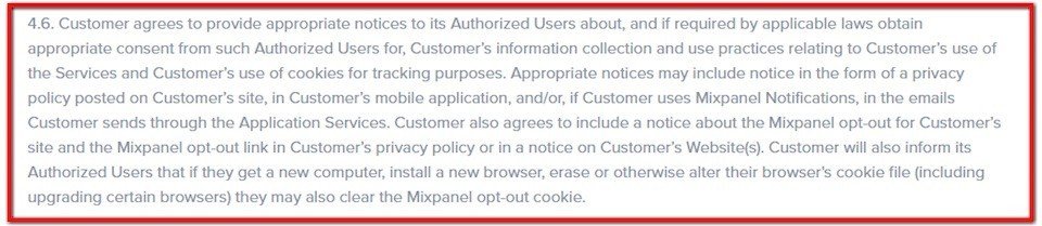 Clause in Mixpanel Terms of Use: Customer agrees