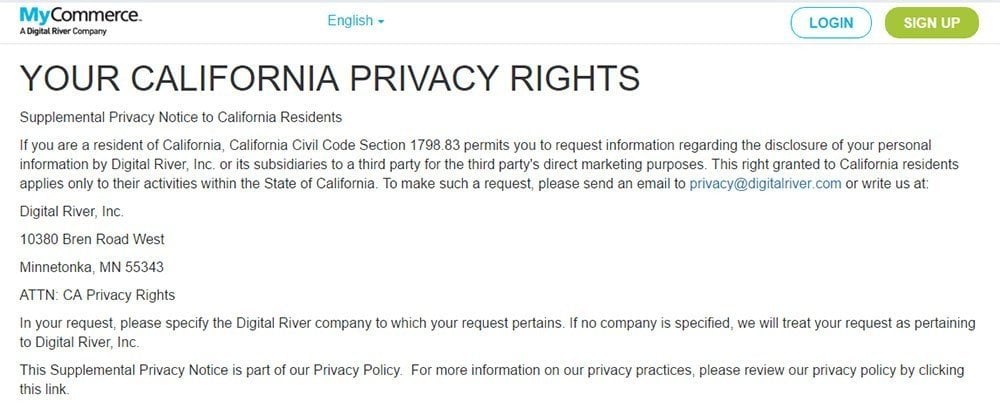 Screenshot of California Privacy Rights page of MyCommerce