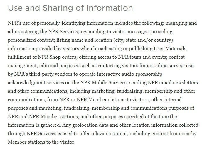 Privacy Policy of NPR: Use and Sharing of Information