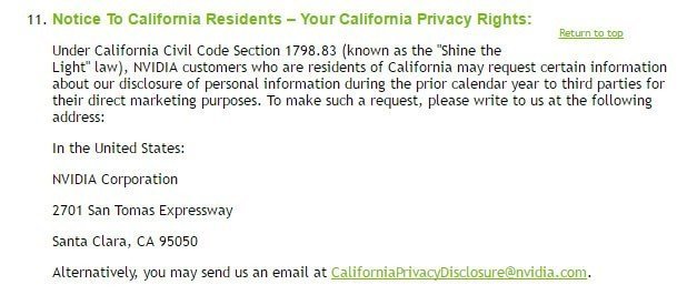 Screenshot of Section 11, Notice to California Residents, from NVIDIA