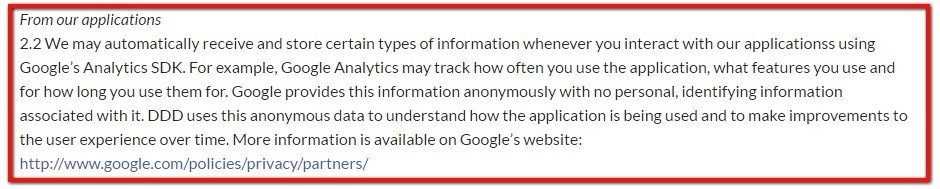 Privacy Policy of TriDef informs users of Google Analytics SDK