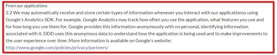 Privacy Policy of TriDef informs users of Google Analytics SDK