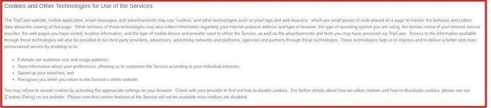 Cookies and Other Technologies for Use of Services in Tripcase