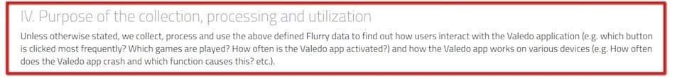 Purpose of collection of Flurry data by Valedo