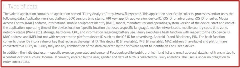 Valedo Privacy Policy informs users of Flurry usage
